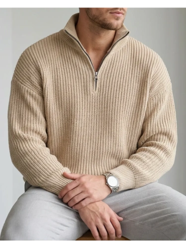 Свитер оверсайз теплый вязаный на молнии с воротником