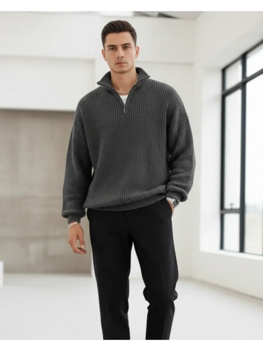 Свитер оверсайз теплый вязаный на молнии с воротником