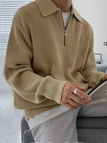 Свитер оверсайз теплый вязаный на молнии с воротником