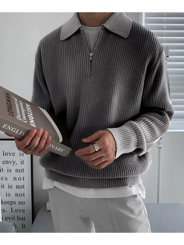 Свитер оверсайз теплый вязаный на молнии с воротником