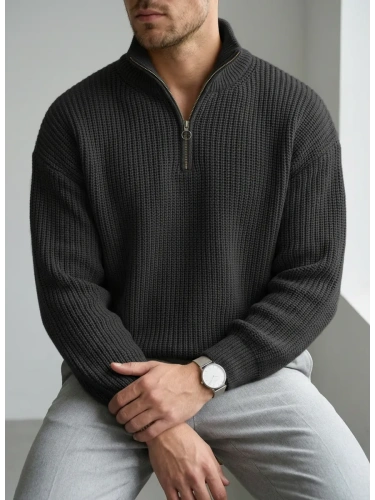 Свитер оверсайз теплый вязаный на молнии с воротником