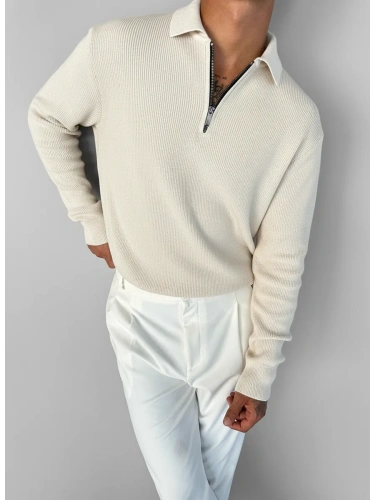 Свитер оверсайз теплый вязаный на молнии с воротником