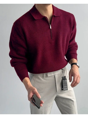 Свитер оверсайз теплый вязаный на молнии с воротником